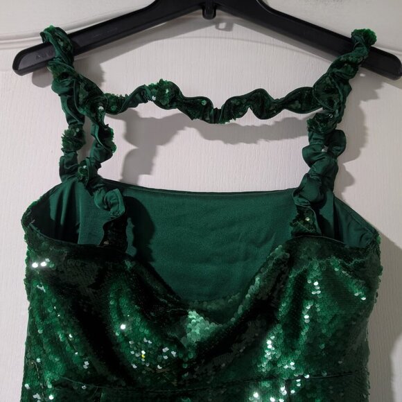 Ganni | Twisted Sequined Satin Mini Dress In Kelly Green - Picture 13 of 15